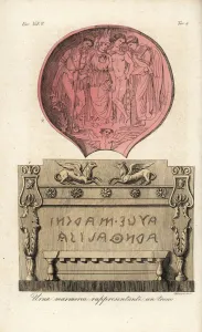 Giulio Ferrario Costume Book Prints: Ancient Etruscan marble urn showing a regal throne 1