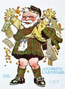 Prints of BAL41671 Cartoon of Andrew Carnegie from Life Magazine, 1905 (colour litho) by Levering, Albert (1869-1929); Private Collection; (add.info.: Scottish-American industrialist and philanthropist) Industrialist Prints: Colour Print of Andrew Carnegie, 1905 (litho)