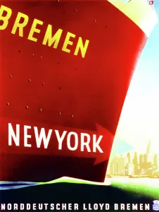 Red Arrows Prints: New York Print, a 1930 colour lithograph poster of the Bremen ocean liner