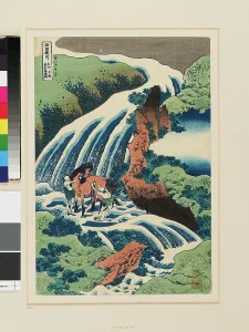 Yoshino Waterfall, Yoshitsune and his Horse (Woodcut Print)