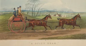 Victorian Era Transport Prints: Spicy Team, two-wheeled carriage drawn by two horses in line
