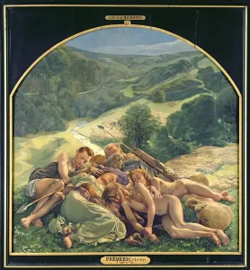 Print of Night, central section of The Golden Age Triptych in oil on canvas