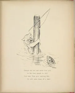 Louis Wain Art Prints: A cat that has fallen into the water, trying to catch fish