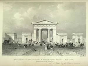 Victorian Era Transport Prints: Entrance to the London & Birmingham railway station, Euston Square, London