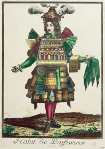 Prints of XIR154617 The Perfumers Costume (colour engraving) by Bonnart, Nicolas (c.1646-1718); Musee de la Ville de Paris, Musee Carnavalet, Paris Pop Art Prints: Colour Engraving Print of a Perfumer's Shop