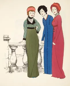 Three Empire Line Evening Coats, 1908 Pochoir Print