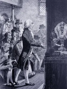 Prints of UIG3523748 Henry Addington (viscount sidmouth) 1757-1844; (add.info.: Henry Addington (viscount sidmouth) 1757-1844, speaking to parliament 1802 Politic Prints: Henry Addington Print, a caricature of the British Prime Minister