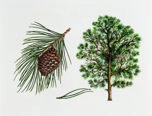 Botanical Illustrations Online Prints: Monterey Pine (Pinus radiata), Pinaceae, tree, leaves and fruit