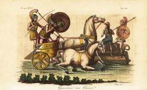 Ancient Greek Warriors Prints: Ancient Greek warriors with painted shields riding a biga or two-horse chariot