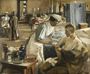 Prints of 657119 The First Wounded, London Hospital, 1914, 1914 (oil on canvas) by Lavery, John (1856-1941); 62x76 cm; Private Collection; (add.info.: The First Wounded, London Hospital, 1914) World War I And II Prints: The First Wounded, London Hospital, 1914 Oil on Canvas Print