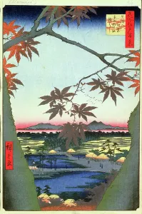 Maple Trees at Tekona Shrine, Edo Period, 1857 (Woodblock Print) by Hiroshige