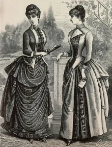 Vintage Women's Clothing Styles Prints: Women wearing plain and patterned silk dress