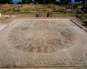 Prints of LRI4655566 Mosaic floor at Vergina, Royal Palace of the Macedonian Dynasty by Greek School; Vergina, Macedonia Macedonia Prints: Mosaic Floor at Vergina, Royal Palace Print