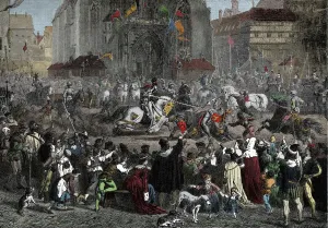 Unknown Artist Prints: Woodcut Print of Medieval Knights in Action - 1882