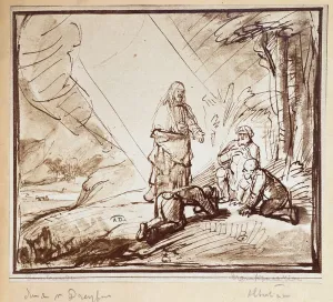 Jesus Christ Biblical Scene Prints: Transfiguration of Christ, pen drawing by Rembrandt, Holland, n. d. 19th