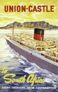 Prints of MMM5470235 Colourful advertising poster for Union Castle Line, shipping company, announcing the departure of a cruise ship from Southampton (England) every Thursday to South Africa Southampton Prints: Colourful Print of Union Castle Line Cruise Ship Approaching Cape Town