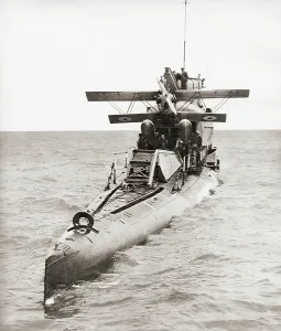 Print of HMS M2 Submarine Monitor with Parnall Peto Seaplane
