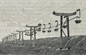 Civil Engineering History Prints: Telpherage: Buckets of clay being carried by Sussex Cement Company's wire rope railway at Glynde