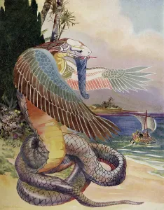 Mythical Beast Prints: Colour lithograph print of a woman on a beach