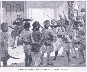 De Kantzow Defending the Treasury at Mynpooree Print 1857 AD