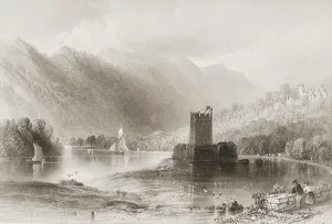 Prints of KW131111 Narrow Water Castle, County Down, Northern Ireland, from Scenery and Antiquities of Ireland by George Virtue, 1860s (engraving) by Bartlett River Prints: Narrow Water Castle Print