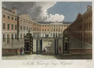 Prints of GHL189157 View of the north front of Guys Hospital, Southwark, showing a man being stretchered through the front gates, c.1800 (coloured engraving) by English School Hospital Prints: Fine Art Print: Guys Hospital North Front, c.1800