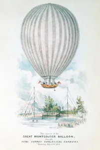 Ascent of the great Montgolfier Balloon, 1838 (colour litho) Ascent of the great Montgolfier Balloon, 1838 (colour litho)