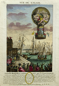 Ascent of a Mongolfiere hot air balloon at Calais in 1785 (colour litho) Ascent of a Mongolfiere hot air balloon at Calais in 1785 (colour litho)