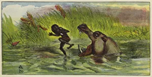 Ashanti man being menaced by a hippopotamus (colour litho) Ashanti man being menaced by a hippopotamus (colour litho)