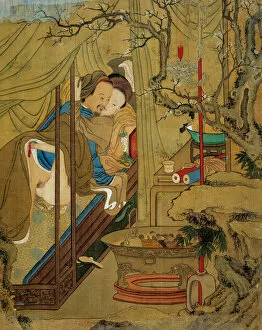 Asian art: erotic scene. A couple during the act of love in a bed. Painting on silk from the 18th century