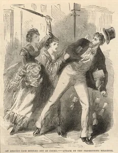 An assault case settled out of court; Attack on the prosecuting solicitor (engraving) An assault case settled out of court; Attack on the prosecuting solicitor (engraving)