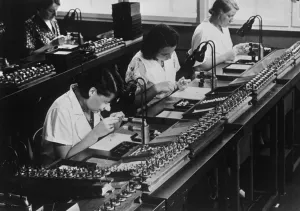 Assembly line for television broadcasting equipment at the Telefunken manufacturing plant Assembly line for television broadcasting equipment at the Telefunken manufacturing plant