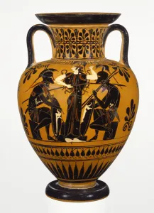 Athenian Attic black-figure neck amphora, attributed to the Leagros group, with Ajax and Achilles Athenian Attic black-figure neck amphora, attributed to the Leagros group, with Ajax and Achilles
