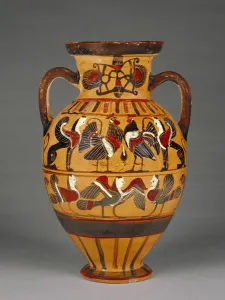 Athenian Attic black-figure Tyrrhenian amphora 575-50 BC (terracotta) Athenian Attic black-figure Tyrrhenian amphora 575-50 BC (terracotta)