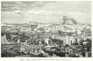 5997029 Athens, Greece, during the reign of the Roman Emperor Hadrian, 2nd Century (litho) by European School, (19th century); Private Collection; (add.info.: Athens, Greece, during the reign of the Roman Emperor Hadrian, 2nd Century. Illustration from El Mundo Ilustrado Biblioteca de Las Familias (The Illustrated World Library of Families) (Biblioteca Ilustrada de Espasa Hermanos, Barcelona, c1880).); © Look and Learn Athens, Greece, during the reign of the Roman Emperor Hadrian, 2nd Century (litho)
