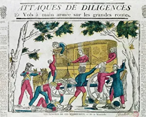 Transport,travellers & Immigrants Gallery: Attack on the Diligence from Paris to Lyon on 25th July 1822 (colour litho)
