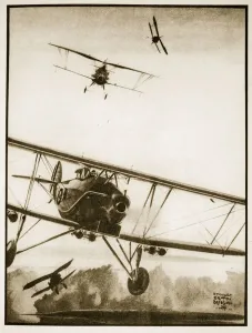 Transport,travellers & Immigrants Gallery: Attack, illustration from Flying Memories by John Hamilton, 1934 (litho)
