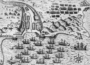 Attack on Santiago on 27th November 1585 (engraving) Attack on Santiago on 27th November 1585 (engraving)