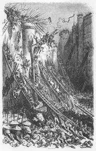 Attacking a castle or a fortified town, illustration from Les Contes Drolatiques' Attacking a castle or a fortified town, illustration from Les Contes Drolatiques'