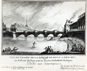 An attempt to walk across the Seine, 1784 (engraving) An attempt to walk across the Seine, 1784 (engraving)