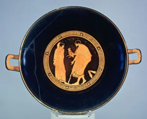 Attic red-figure cup decorated with a man giving a boy a cockerel, c.470 BC (ceramic) Attic red-figure cup decorated with a man giving a boy a cockerel, c.470 BC (ceramic)