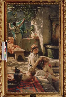 Au puits. (Une femme coiffe son enfant, une autre etend du linge). Peinture de Henryk Siemiradzki (1843-1902) Au puits. (Une femme coiffe son enfant, une autre etend du linge). Peinture de Henryk Siemiradzki (1843-1902)