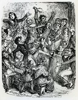 Audience at a lecture enjoying the effects of laughing gas (nitrous oxide). Illustration of 1834 by George Cruikshank
