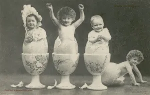 Babies hatching from eggs in eggcups (b/w photo) Babies hatching from eggs in eggcups (b/w photo)