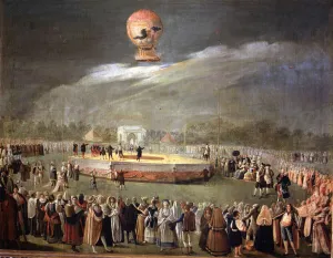 Transport,travellers & Immigrants Gallery: Balloon Ascension in the Gardens of Aranjuez, c.1783 (oil on canvas)