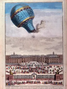 Balloon flight: experience of the Montgolfier brothers in front of the castle of Balloon flight: experience of the Montgolfier brothers in front of the castle of