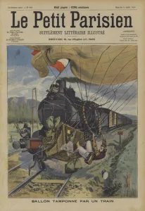 Colliding Gallery: A balloon struck by a train (colour litho)