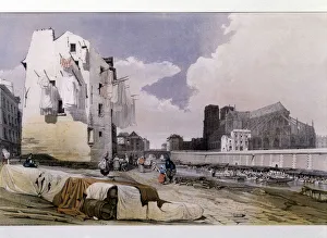 The banks of the Seine and Notre Dame de Paris - lithography, 19th century The banks of the Seine and Notre Dame de Paris - lithography, 19th century