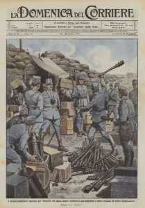 The barbarian Austrian preparations for the offensive of the Lower Soča, suffocating gas cylinders... (colour litho) The barbarian Austrian preparations for the offensive of the Lower Soča, suffocating gas cylinders... (colour litho)