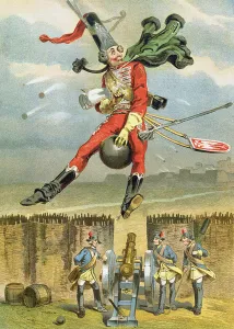 Baron Munchausen flying over the enemy lines on a cannon ball Baron Munchausen flying over the enemy lines on a cannon ball